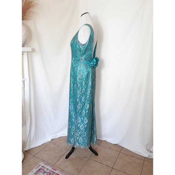 80s Handmade Teal Green Vtg Prom Lace Overlay Dress and Mermaid Hem - Picture 8 of 10